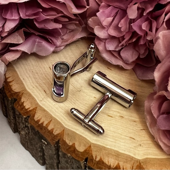 Unique Silver Cylinder Purple Sand Hourglass Cufflinks - Picture 11 of 17